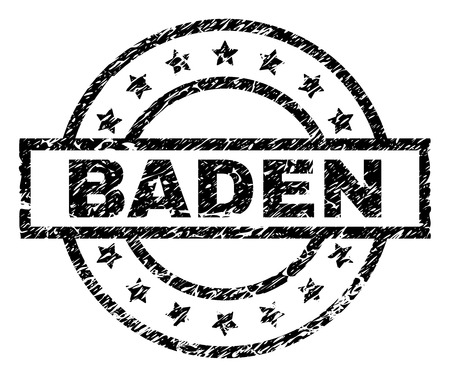 BADEN stamp seal watermark with distress style. Designed with rectangle, circles and stars. Black vector rubber print of BADEN caption with dust texture.のイラスト素材