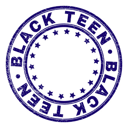 BLACK TEEN stamp seal watermark with grunge texture. Designed with circles and stars. Blue vector rubber print of BLACK TEEN caption with dust texture.のイラスト素材