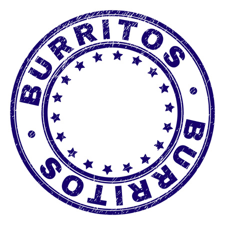 BURRITOS stamp seal imprint with grunge effect. Designed with round shapes and stars. Blue vector rubber print of BURRITOS label with grunge texture.のイラスト素材