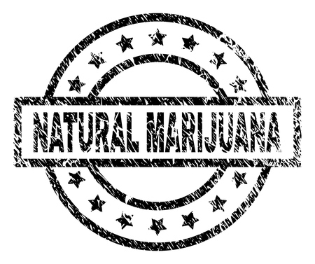 NATURAL MARIJUANA stamp seal watermark with distress style. Designed with rectangle, circles and stars. Black vector rubber print of NATURAL MARIJUANA caption with retro texture.のイラスト素材