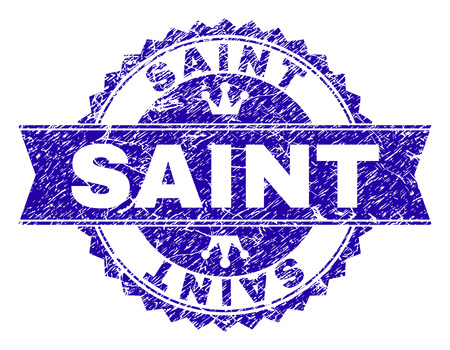 SAINT rosette stamp seal watermark with distress style. Designed with round rosette, ribbon and small crowns. Blue vector rubber watermark of SAINT text with grunge style.のイラスト素材
