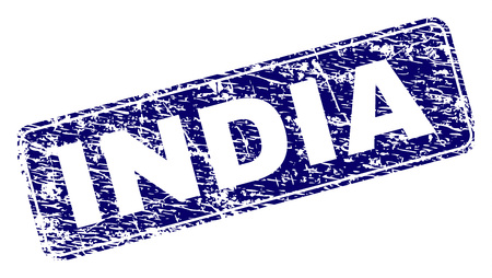 INDIA stamp seal print with distress texture. Seal shape is a rounded rectangle with frame. Blue vector rubber print of INDIA caption with grunge texture.のイラスト素材