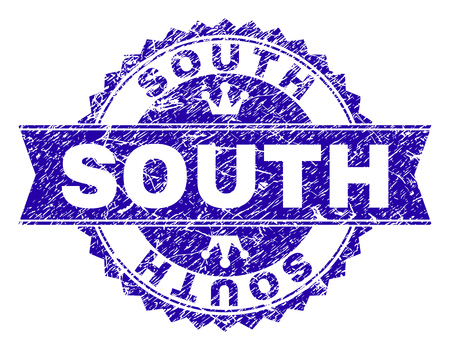 SOUTH rosette stamp seal overlay with grunge style. Designed with round rosette, ribbon and small crowns. Blue vector rubber watermark of SOUTH text with unclean style.のイラスト素材