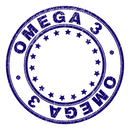 OMEGA 3 stamp seal watermark with grunge texture. Designed with circles and stars. Blue vector rubber print of OMEGA 3 caption with dust texture.のイラスト素材