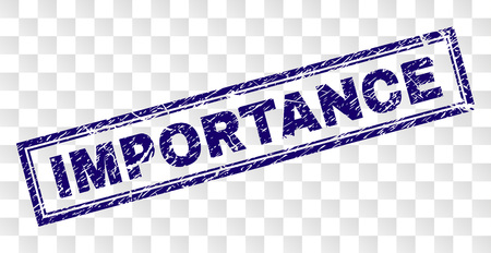 IMPORTANCE stamp seal imprint with rubber print style and double framed rectangle shape. Stamp is placed on a transparent background. Blue vector rubber print of IMPORTANCE text with corroded texture.のイラスト素材