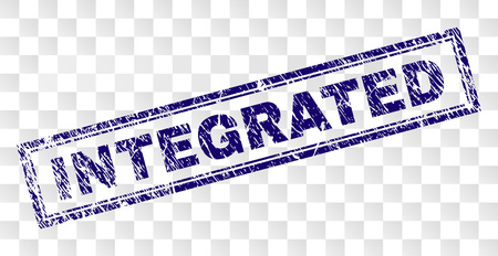 INTEGRATED stamp seal imprint with rubber print style and double framed rectangle shape. Stamp is placed on a transparent background. Blue vector rubber print of INTEGRATED text with unclean texture.のイラスト素材