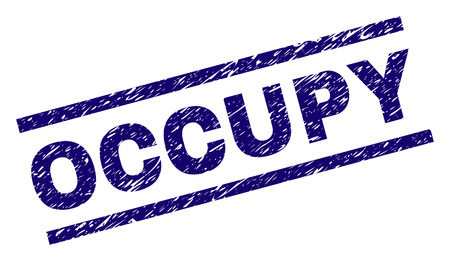 OCCUPY seal print with scratced style. Blue vector rubber print of OCCUPY text with retro texture. Text caption is placed between parallel lines.のイラスト素材