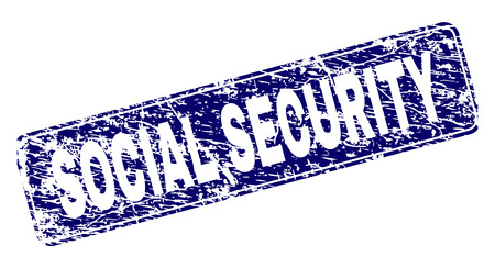 SOCIAL SECURITY stamp seal print with distress texture. Seal shape is a rounded rectangle with frame. Blue vector rubber print of SOCIAL SECURITY title with corroded style.のイラスト素材