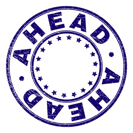AHEAD stamp seal imprint with distress texture. Designed with round shapes and stars. Blue vector rubber print of AHEAD title with dust texture.のイラスト素材