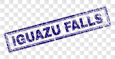 IGUAZU FALLS stamp seal print with grunge style and double framed rectangle shape. Stamp is placed on a transparent background. Blue vector rubber print of IGUAZU FALLS text with grunge texture.のイラスト素材