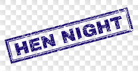 HEN NIGHT stamp seal print with dirty style and double framed rectangle shape. Stamp is placed on a transparent background. Blue vector rubber print of HEN NIGHT text with dirty texture.のイラスト素材