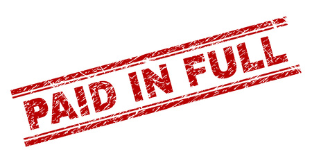 PAID IN FULL seal stamp with corroded effect. Red vector rubber print of PAID IN FULL caption with corroded texture. Text caption is placed between double parallel lines.のイラスト素材