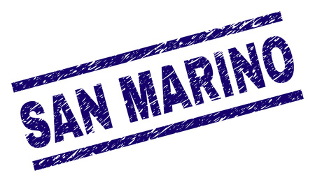 SAN MARINO seal print with distress style. Blue vector rubber print of SAN MARINO text with corroded texture. Text caption is placed between parallel lines.のイラスト素材