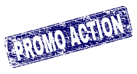 PROMO ACTION stamp seal print with grunge style. Seal shape is a rounded rectangle with frame. Blue vector rubber print of PROMO ACTION text with dirty style.のイラスト素材