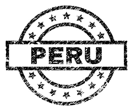 PERU stamp seal watermark with distress style. Designed with rectangle, circles and stars. Black vector rubber print of PERU label with grunge texture.のイラスト素材