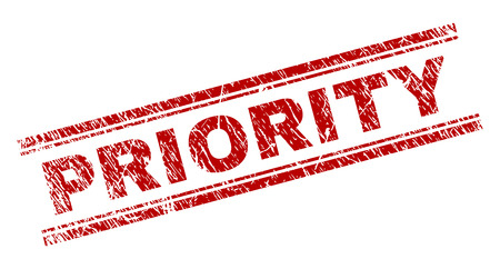 PRIORITY seal print with grunge texture. Red vector rubber print of PRIORITY title with grunge texture. Text tag is placed between double parallel lines.のイラスト素材