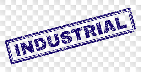 INDUSTRIAL stamp seal print with rubber print style and double framed rectangle shape. Stamp is placed on a transparent background. Blue vector rubber print of INDUSTRIAL text with dirty texture.のイラスト素材
