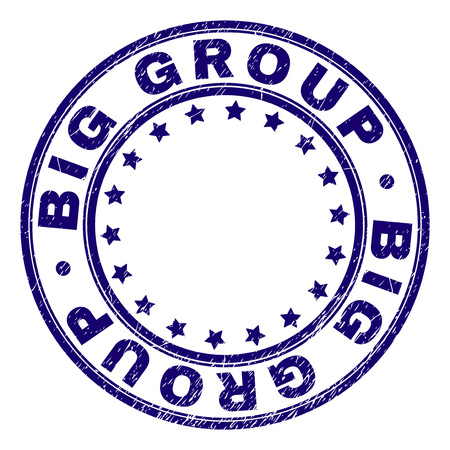 BIG GROUP stamp seal watermark with grunge texture. Designed with round shapes and stars. Blue vector rubber print of BIG GROUP tag with dirty texture.のイラスト素材