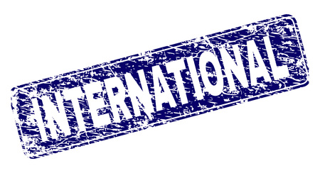 INTERNATIONAL stamp seal watermark with grunge texture. Seal shape is a rounded rectangle with frame. Blue vector rubber print of INTERNATIONAL label with grunge texture.のイラスト素材