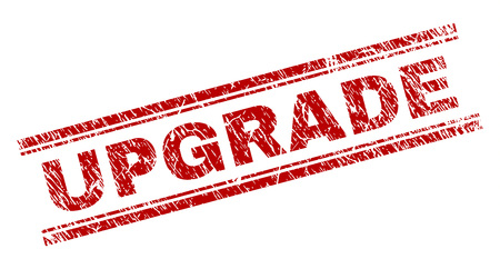 UPGRADE seal print with corroded style. Red vector rubber print of UPGRADE tag with corroded texture. Text caption is placed between double parallel lines.のイラスト素材