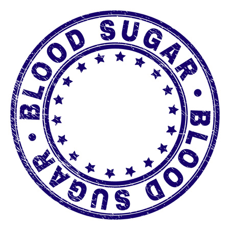 BLOOD SUGAR stamp seal watermark with grunge texture. Designed with round shapes and stars. Blue vector rubber print of BLOOD SUGAR tag with dirty texture.のイラスト素材