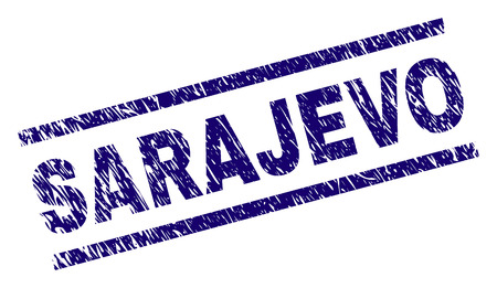 SARAJEVO seal print with scratced style. Blue vector rubber print of SARAJEVO text with retro texture. Text tag is placed between parallel lines.のイラスト素材