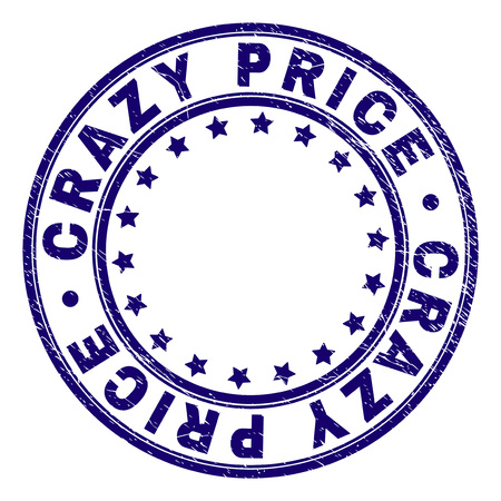 CRAZY PRICE stamp seal imprint with grunge texture. Designed with circles and stars. Blue vector rubber print of CRAZY PRICE caption with unclean texture.のイラスト素材