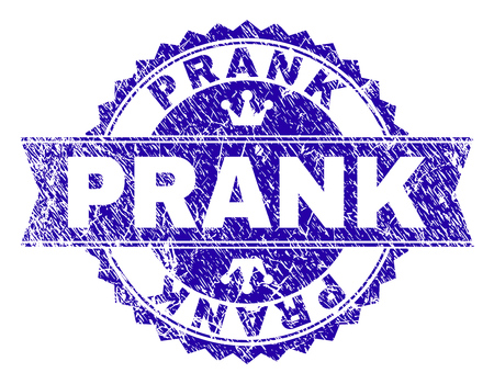PRANK rosette stamp watermark with grunge effect. Designed with round rosette, ribbon and small crowns. Blue vector rubber watermark of PRANK title with grunge texture.のイラスト素材