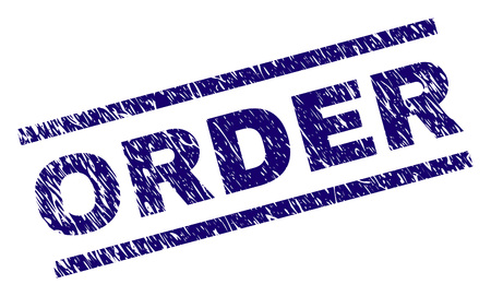 ORDER seal print with grunge style. Blue vector rubber print of ORDER caption with retro texture. Text caption is placed between parallel lines.のイラスト素材