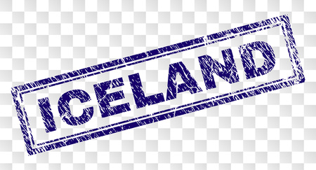 ICELAND stamp seal imprint with rubber print style and double framed rectangle shape. Stamp is placed on a transparent background. Blue vector rubber print of ICELAND text with corroded texture.のイラスト素材