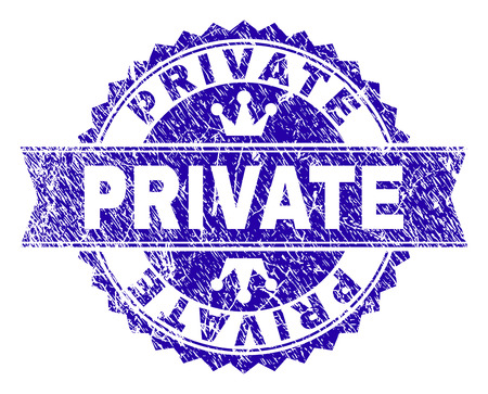 PRIVATE rosette stamp imitation with grunge style. Designed with round rosette, ribbon and small crowns. Blue vector rubber watermark of PRIVATE caption with dirty style.のイラスト素材