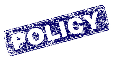 POLICY stamp seal print with distress texture. Seal shape is a rounded rectangle with frame. Blue vector rubber print of POLICY text with grunge texture.のイラスト素材