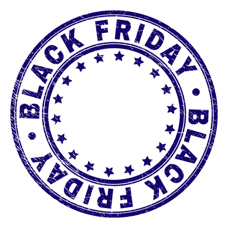 BLACK FRIDAY stamp seal watermark with grunge texture. Designed with circles and stars. Blue vector rubber print of BLACK FRIDAY title with unclean texture.のイラスト素材