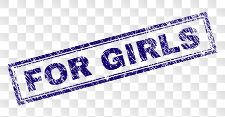 FOR GIRLS stamp seal print with rubber print style and double framed rectangle shape. Stamp is placed on a transparent background. Blue vector rubber print of FOR GIRLS caption with grunge texture.のイラスト素材
