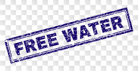 FREE WATER stamp seal print with rubber print style and double framed rectangle shape. Stamp is placed on a transparent background. Blue vector rubber print of FREE WATER label with scratched texture.のイラスト素材