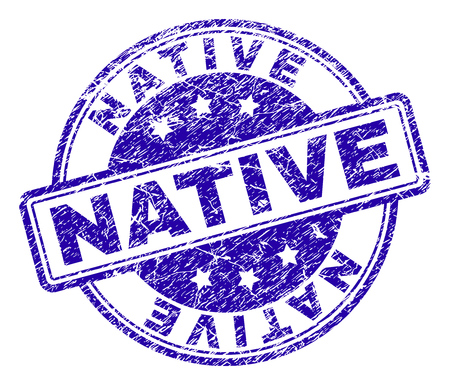 NATIVE stamp seal watermark with grunge texture. Designed with rounded rectangles and circles. Blue vector rubber print of NATIVE title with dust texture.のイラスト素材