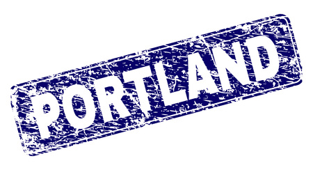 PORTLAND stamp seal print with grunge texture. Seal shape is a rounded rectangle with frame. Blue vector rubber print of PORTLAND label with unclean texture.のイラスト素材