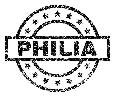 PHILIA stamp seal watermark with distress style. Designed with rectangle, circles and stars. Black vector rubber print of PHILIA caption with dust texture.のイラスト素材