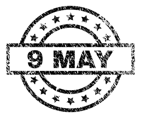 9 MAY stamp seal watermark with distress style. Designed with rectangle, circles and stars. Black vector rubber print of 9 MAY tag with dirty texture.のイラスト素材