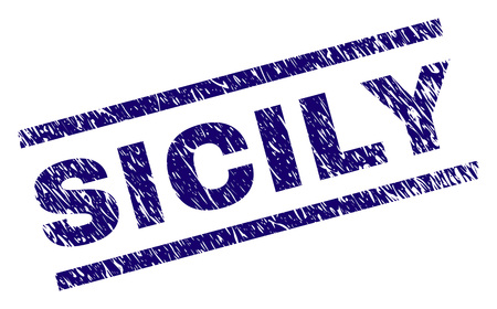 SICILY seal stamp with grunge style. Blue vector rubber print of SICILY text with corroded texture. Text caption is placed between parallel lines.のイラスト素材