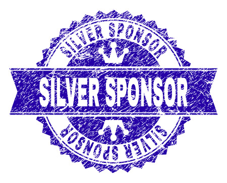 SILVER SPONSOR rosette stamp watermark with grunge style. Designed with round rosette, ribbon and small crowns. Blue vector rubber print of SILVER SPONSOR tag with grunge texture.のイラスト素材