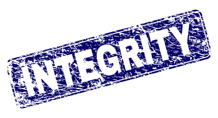 INTEGRITY stamp seal print with grunge texture. Seal shape is a rounded rectangle with frame. Blue vector rubber print of INTEGRITY label with dust texture.のイラスト素材