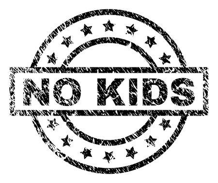 NO KIDS stamp seal watermark with distress style. Designed with rectangle, circles and stars. Black vector rubber print of NO KIDS caption with corroded texture.のイラスト素材