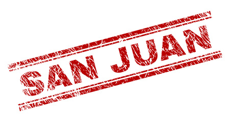 SAN JUAN seal stamp with distress texture. Red vector rubber print of SAN JUAN text with grunge texture. Text tag is placed between double parallel lines.のイラスト素材
