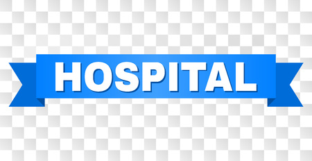 HOSPITAL text on a ribbon. Designed with white caption and blue tape. Vector banner with HOSPITAL tag on a transparent background.のイラスト素材