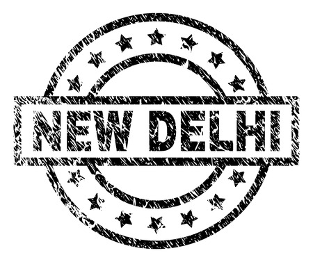 NEW DELHI stamp seal watermark with distress style. Designed with rectangle, circles and stars. Black vector rubber print of NEW DELHI title with scratched texture.のイラスト素材