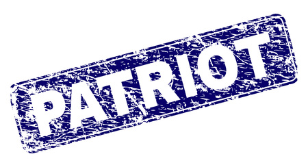PATRIOT stamp seal print with distress style. Seal shape is a rounded rectangle with frame. Blue vector rubber print of PATRIOT text with corroded style.のイラスト素材