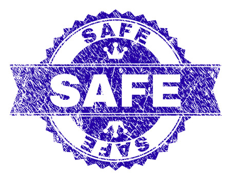 SAFE rosette stamp watermark with grunge style. Designed with round rosette, ribbon and small crowns. Blue vector rubber watermark of SAFE label with dirty style.のイラスト素材