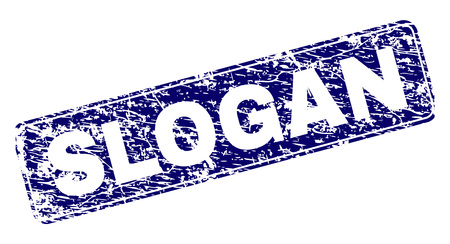 SLOGAN stamp seal print with grunge texture. Seal shape is a rounded rectangle with frame. Blue vector rubber print of SLOGAN title with grunge texture.のイラスト素材