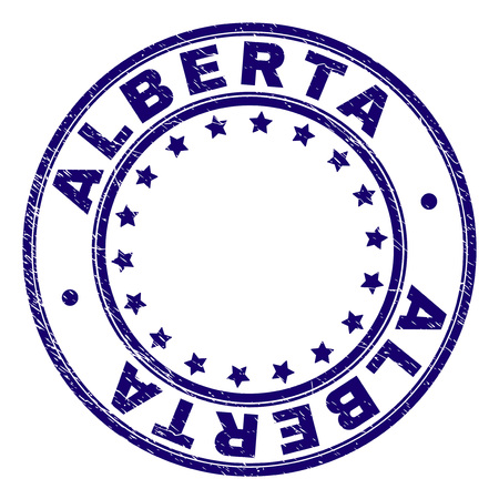 ALBERTA stamp seal watermark with grunge texture. Designed with round shapes and stars. Blue vector rubber print of ALBERTA text with grunge texture.のイラスト素材